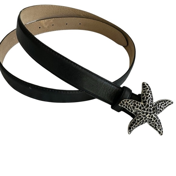 Talbots Black Leather Silver Starfish Buckle Belt, Medium - Picture 1 of 5